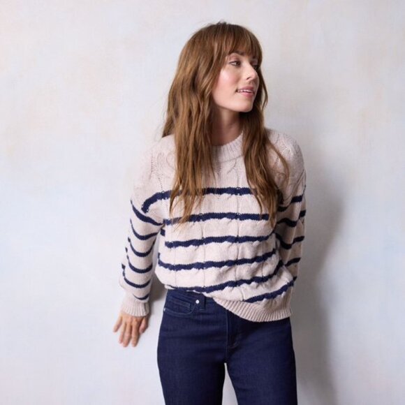 LC Lauren Conrad Cable Knit Womens Crewneck Sweater Size M Oatmeal Diana Stripe - Picture 2 of 15